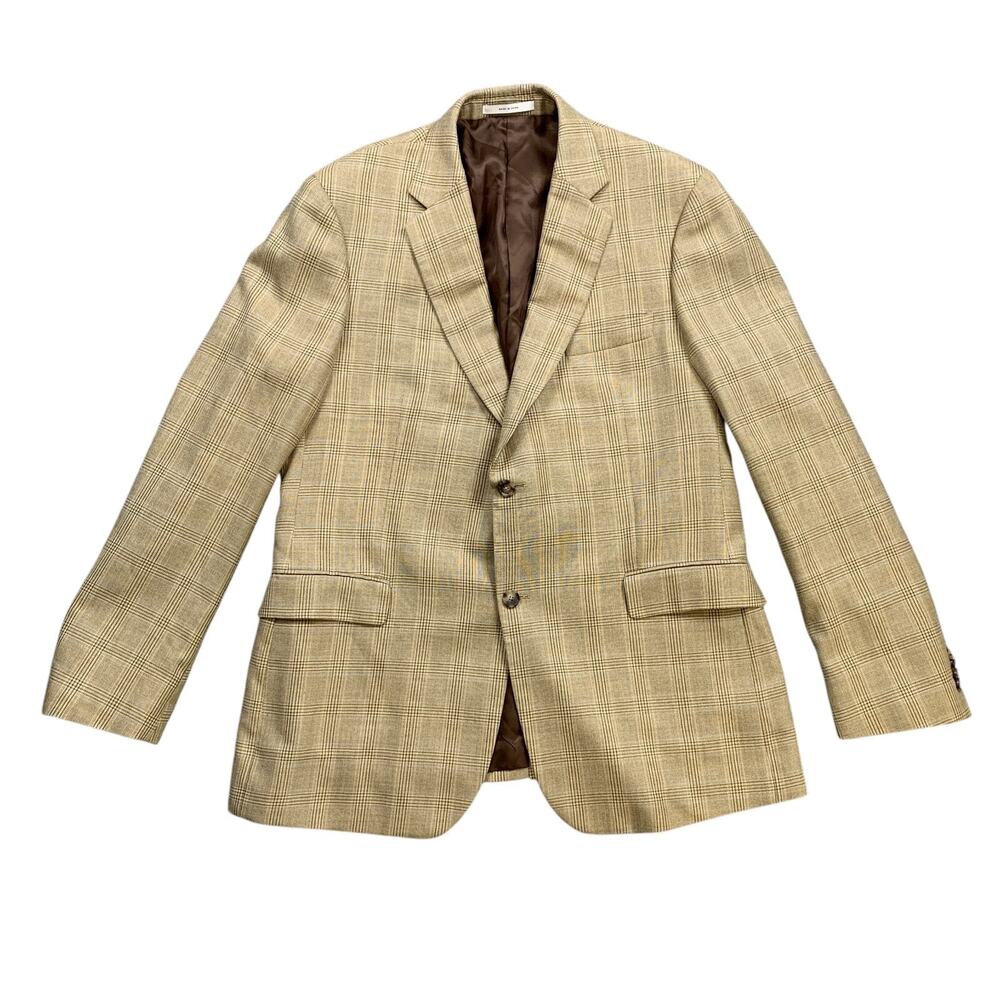John W Nordstrom Blazer Men 44L Long Straw Beige Blue‎ Plaid Wool Silk Blend